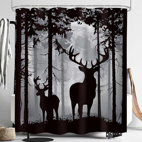 LIGHTINHOME Duschvorhang mit Nebelhirsch, Elch, 152,4 x 183,9 cm (B x H), nebliger Wald, rustikaler Mond, Wildtiere, Landschaft, Naturbaum, Herren, Jungen, Stoff, Stoff, wasserdicht, Polyester,