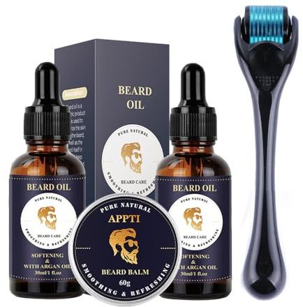 Bartwachstumsset, Bartroller Bartöl Bartbalsam, 0.5mm Derma Roller, Bart Kit für Spot/Patchy Bart, Jubiläum &Geburtstagsgeschenke für Männer Ihn Freund Mann Papa