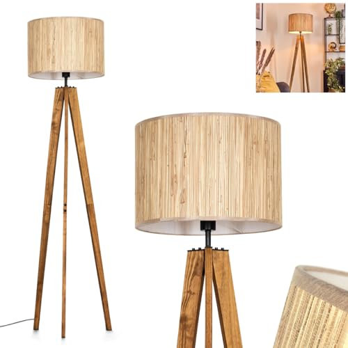 Stehleuchte Bongal, Stehlampe aus Holz/Metall/Seegras in Natur/Schwarz, Leuchte im skandinavischen Design mit rundem Schirm (Ø 40 cm) u. Fußschalter, Höhe 161 cm, 1 x E27, ohne Leuchtmittel