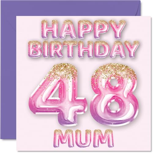 48th Birthday Card for Mum, Pink & Purple Glitter Balloons | Happy Birthday Cards for 48 Year Old Mum Mother from Son Daughter, 145mm Bday Greeting Cards Gift