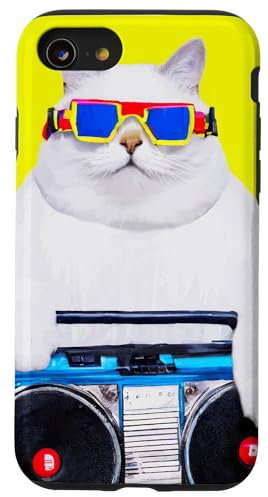 Hülle für iPhone SE (2020) / 7 / 8 dicker weißer Kater mit Ghettoblaster im 80er Look Musik