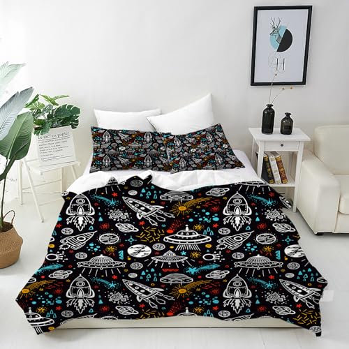 ANHOPE Weltraum Bettwäsche Set 2 Teilig Rocket Planet UFO Sterne Bettbezug 135x200 cm + Kissenbezug 80x80 cm Weich Microfaser Bettbezüge mit Reißverschluss Bettdeckenbezug für Kinder Jungen Mädchen