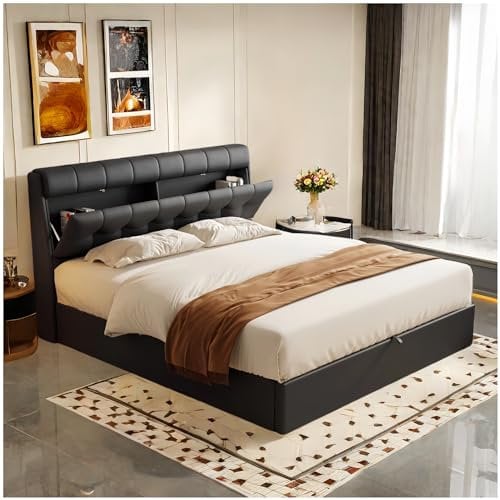 Sapgaks Lit Rembourré 140x190 Avec Rangement Caché, Coffre Hydraulique, Cadre Double Avec Sommier à Lattes et Tête de Lit, 2 Personnes, PU, Noir