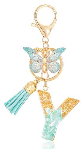 MWOOT Initiale Letter Keychains Porte Clé Lettre Y,Alphabet Initial Keyring avec Papillon Pendentif,Vert Feuille D'or Key Ring pour Femmes Filles Portefeuilles Sac à Main Bagages Charme(Y)