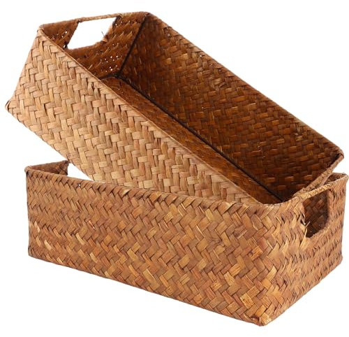 LOPYXBR 2 Stück Aufbewahrungskorb aus Seegras, Aufbewahrungskorb Geflochten, 34x23x11 cm Korb Geflochten Eckig, Aufbewahrungskorb für Schlafzimmer, Badezimmer, Speisekammer