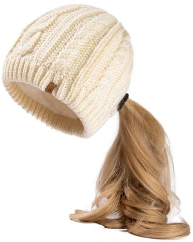 Beanie-Mütze aus Merinowoll-Mischgewebe, unordentlicher Dutt, hoher Pferdeschwanz, Fleece-gefüttert, Wintermütze, großer Kopf, Beige (Pony), M/L