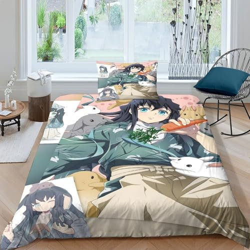 LIAOHENKAN Neuer Anime Demon Slayer 3D Gedruckter Bettbezug Set Bettwäschegarnitur Für Kinder Mädchen Jungen Und Kissenbezüge Reissverschluss Bettwäsche Weich Microfaser 2 Teilig Single(135x200cm)