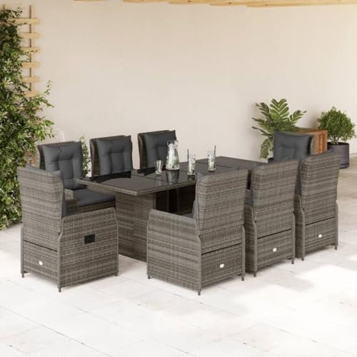 Verderoom Gartenmöbel Set 8 Verstellbare Hochlehner Stühlen mit Tisch Garten Sitzgruppe 8 Personen Gartenmöbel Set Rattan 8 Personen Polyrattan Gartenmöbel Set mit Kissen-Grau-9-tlg