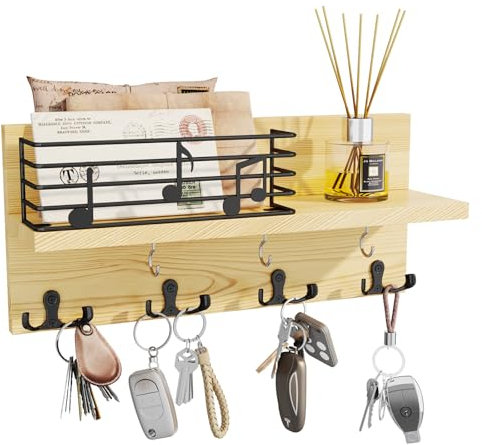 HapiRm Schlüsselbrett Holz Schlüsselhaken mit Ablage - Schlüsselkasten Holz Wandgarderobe Musiknoten Design, Wandmontierter Schlüsselhalter mit Regal und Haken, Organizer für Flur Schlafzimmer Büro