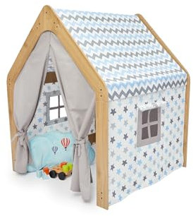 MINERA Montessori Spielhaus aus Holz – Indoor Spielzelt für Kinder – Natürliches Design mit Stoffbezug – Perfekt fürs Kinderzimmer (Natürlich/Weiß/Blau)