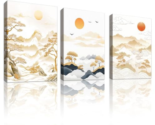 WENGTIAO 3 Pièces Montagne et Coucher de Soleil Tableau Decoration Murale Encadré Toile Peinture Paysage Naturel Abstrait Pins et Nuages pour Decoration Murale Salon Maison Deco Chambre 40x60cmx3