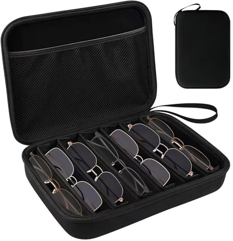 VEGOATY Reise Brillenaufbewahrung Für Mehrere Brillen - 27 X 20 X 6 CM EVA Hartschalen Brillenbox Organizer Mit 7 Verstellbaren Fächern, Sonnenbrille Etui Aufbewahrung Für Damen Herren (Schwarz)