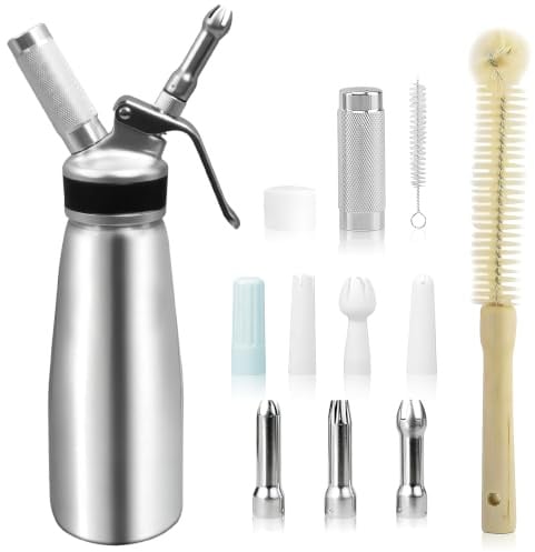 HFZCV Sahnespender 500 ml aus Aluminium, Sahnebereiter mit 6 Dekordüsen, Schutzkappe und Reinigungsbürsten, Auslaufsicherer Sahnesiphon für Desserts und Kaffee