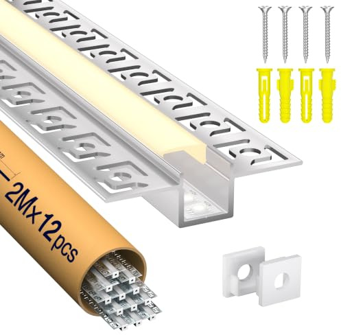 LASLUX 12 x LED Trockenbauprofil 2M Aluminium Profil für Strip Schiene Unterputz Kanal und Diffusor Aufputz für Indirekte Beleuchtung Decker