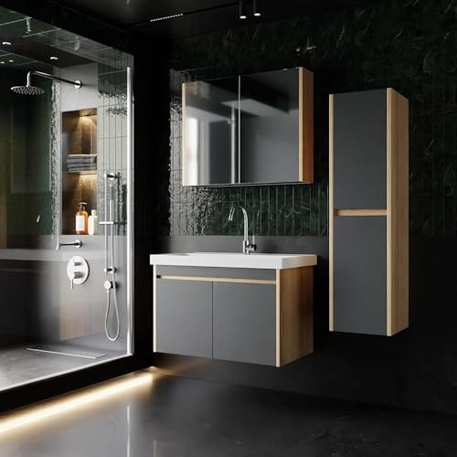 Karen Ensemble Meuble Salle de Bain 80 cm Dallas – Set 4 pièces en chêne & Anthracite, Meuble sous-Vasque Suspendu avec lavabo, Armoire Miroir et Colonne de Rangement