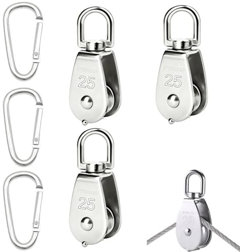 CSVZKIAY Set 6 pulegge in Acciaio Inox con moschettoni, 3 pulegge M25 e 3 Ganci M6 ad Alta Resistenza per Corde carrucole Sollevamento Giardinaggio edilizia e attività Outdoor