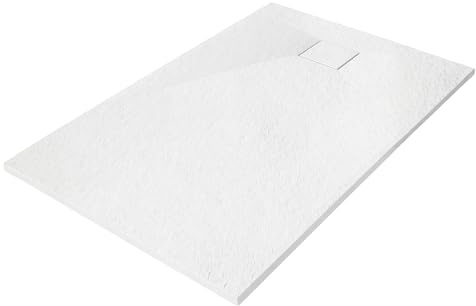 Receveur de douche AquaUno Stone - 140 x 80 x 2,6 cm - Blanc | Composite SMC - Structure en pierre - Antidérapant - Montage au niveau du sol - Écoulement de 90 mm