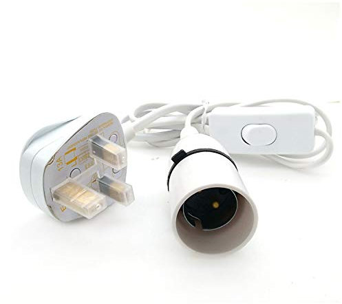 TWDRTDD B22 Bayonet Lamp Holder with Cord Switch,Phenolic BS UK Power Cord with 3 pin Fused Plug and 1.5m Wire (White, with Switch)