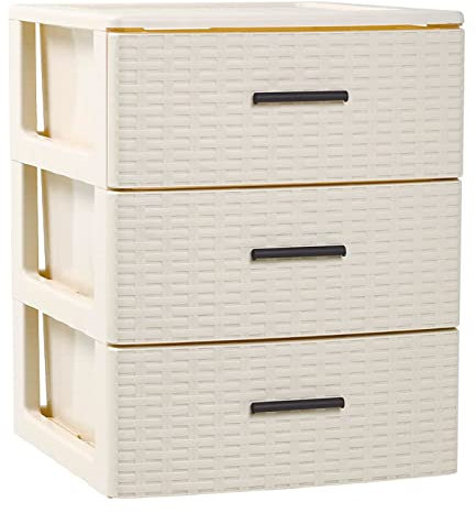 Tradineur - Cajonera de ordenación Rattan de plástico - 3 cajones - Torre de almacenaje multiusos, organizador auxiliar, almacenamiento, baño - 46,5 x 36,5 x 36,5 cm - Color Marfil