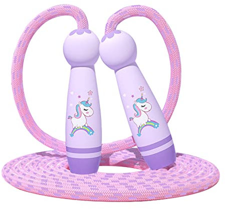 Springseil Kinder mit Cartoon Holzgriff, Verstellbare Kinder Springseil, Einhorn Speed Rope Geschenke für Jungen und Mädchen, Kinder Einstellbar Baumwolle Seilspringen 6 8 10 Jahre (Lila Einhorn)