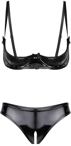 Choomomo Womens 2 Piece Lingerie Set Stretch Vinyl Shelf Bra Quarter Cup Bra Tops with Panty Set Black 3XL