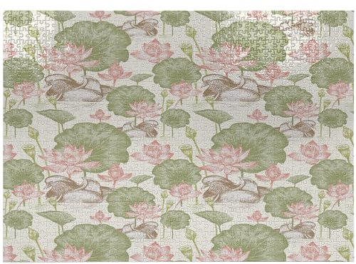ABAKUHAUS Quietscheentchen Puzzle, Lotus Flower Pond Lily, Heirloom-Qualität lustige Aktivität für die Familie langlebiger Karton, 1000 Stücke, Rosa Grün und Weiß