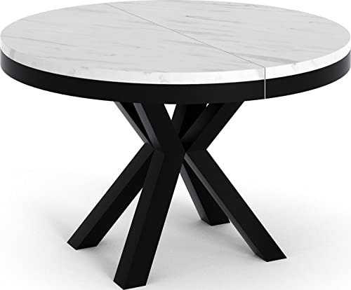 WFL GROUP Runder Ausziehbarer Esstisch in Weißer Marmoroptik - Tisch im Loft-Stil mit Metallbeinen - Industrieller Tisch für Wohnzimmer - Spacesaver - Marmor Weiß - 100 bis 180 cm