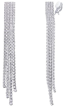 QUKE Boho Chandelier Clip On Four Tassel Earrings CZ Crystal Bohemian Long Drop Dangle Chain Not Pierced Earrings For Women Girls