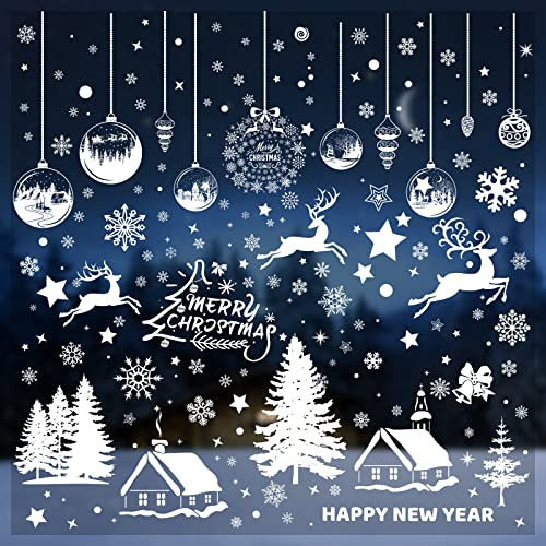 Christmas Tree Decals - White Snowflake Xmas Window Stickers, Double Sided Scene for Glass