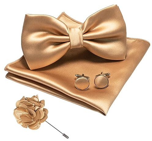 JEMYGINS Herren Fliege Satin Champagner Gold (7) Fliege und Einstecktuch mit Manschettenknöpfe Brustblume Sets