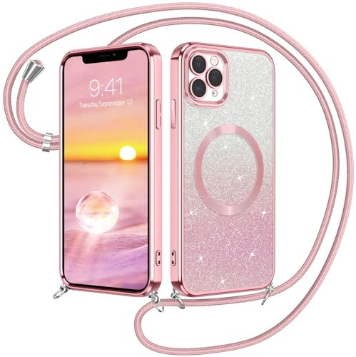 GUAGUA Handyhülle für iPhone 11 Pro Max Hülle mit Band [Kompatibel mit MagSafe] iPhone 11 Pro Max Handykette Stoßfeste Magnetische Glitzer Schutzhülle Weiche TPU Schutzschale Case, (6,7 Zoll) Rosa
