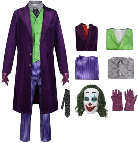 YEAJION Joker Kostüm Erwachsene Cosplay Halloween Clown Outfit Jacke und Weste Hemd Krawatte Hose Handschuh 6 Stück Anzug für Verkleidung Karneval Party Deluxe Geburtstage Costume mit Perücken Masken