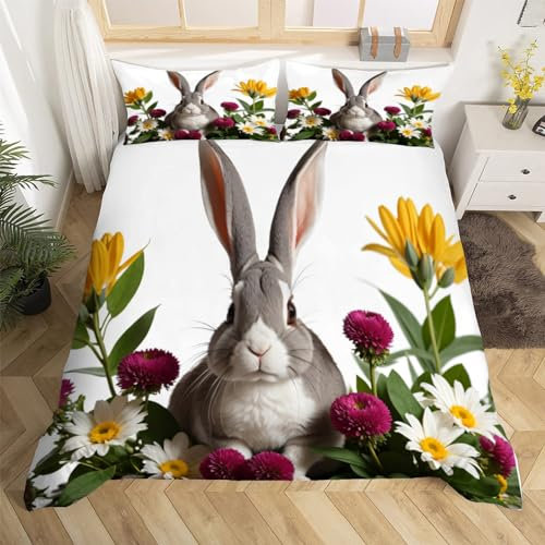 Hasenmotiv Bettwäsche Set 155x220 cm Weiche Mikrofaser Süße Tiere Bettwäsche-Set mit Reißverschluss 3 Teilig Bettbezüge mit Kissenbezug 80x80 cm