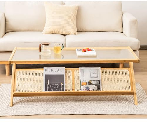 GOPLUS Table Basse Bambou Verre Cannelé, Table Basse Salon avec Porte-revues en Rotin Tressé Charge 50+5KG Vintag Moderne Forme de Z pour Bureau,120x56x44,5CM