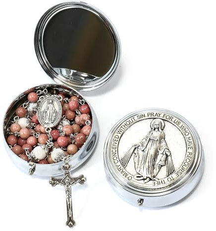 Nazareth Store Pink Aventurine 8mm Beads Rosary Necklace White Howlite Stone Mystery Beads Miraculous Medal & Our Lady of Graces Metal Box