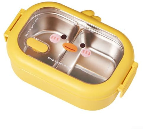 Eawfgtuw Contenedor de almuerzo para niños, caja de acero inoxidable, forma de pato de dibujos animados, 2 compartimentos