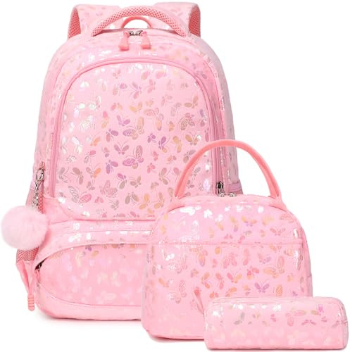Kimwadalh Peluche Cartable Fille Papillon Sac à Dos Primaire Cartable Enfant pour Scolaire Primaire Fille Sets de Sacs Scolaires CE1 CE2 + Isotherme Panier Repas + Trousse