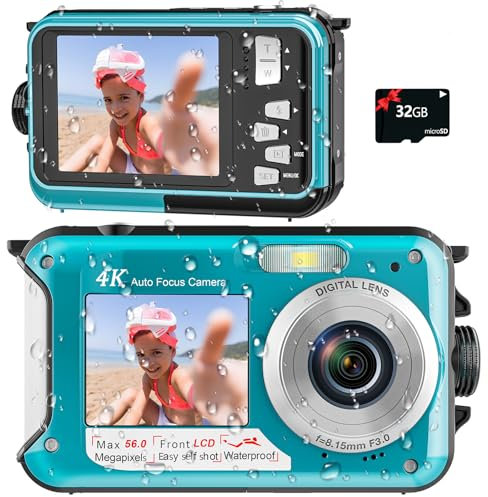 Appareil Photo Etanche YISENCE Autofocus Caméra sous-Marine 56MP 4K Appareil Photo Numérique avec Zoom numérique 16x Appareil Photo Compact à Double écran de 2,8 Pouces avec Carte de 32 Go