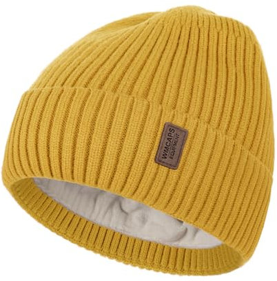 Wmcaps Mütze Herren Winter, Thermo Strickmützen für Herren, Warme Fleece Laufmütze Beanie Damen Herrenmütze Winter, Winddichte Wintermütze Männer Gefütterte und Gepolsterte Unisex-Mütze(Goldgelb)