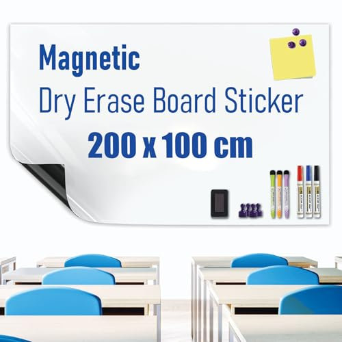 HeatPomelo Vinilo de Pizarra Blanca Magnética Grande para Pared 200 x 100 cm Autoadhesiva y Sin Sombras Lámina de Escritura Borrable en Seco Ideal para Oficina Hogar Escuela