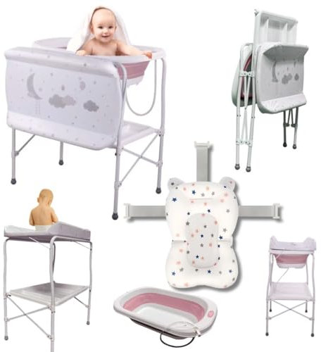 BATHBY | Bañera bebé con patas Multifuncional 6en 1: Plegable con Soporte, con Cojín Antideslizante, Cambiador, Bandeja y Cesta Organizadoras, Desagüe con Tubo y Soporte para Ducha (Rosa Pro)