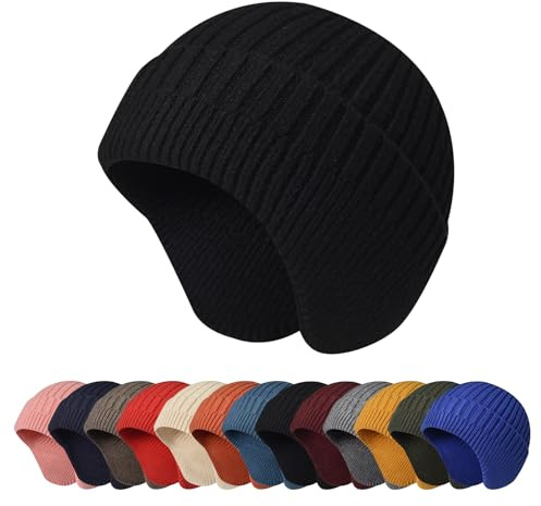 Enwokran Wintermütze Herren mit Ohrenklappen, Warme Beanie Strickmütze, Weiche Grobstrickmütze Winter Mütze,Atmungsaktiv Weich Sportmütze für Herren und Damen Outdoor (Schwarz)