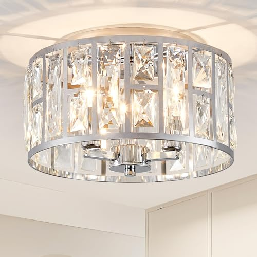 HARPER LIVING 3-Light Flush Ceiling Lights, Crystal Ceiling Lamp Chrome Finish, 3xE14 Cap Type (No Bulbs), 30cm Modern Chandelier Lighting for Bedroom, Kitchen, Hallway, Dining Room