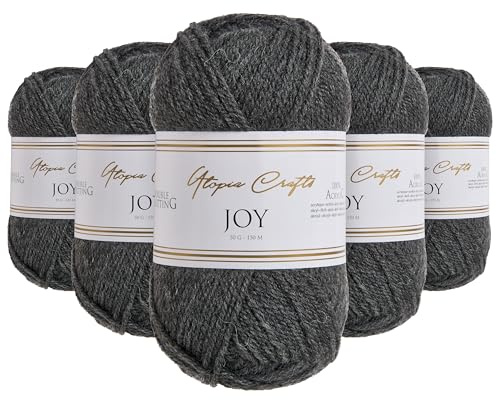 Utopia Crafts JOY, DK Acrylgarn 100% zum Stricken & Häkeln, Nadelstärke 4 mm, 5er-Pack à 50g, OEKO-TEX Standard 100, Mütze, Schal, Decke, Amigurumi, Anthrazit