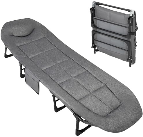 Garvee Feldbett Klappbar 200cm Grau, Campingliege Belastbar bis 200kg, 8 Beine Stabiles Campingbett mit Kopfkissen & Seitentasche, Faltbares Gästebett Outdoor Angelliege 600D Oxford Grau