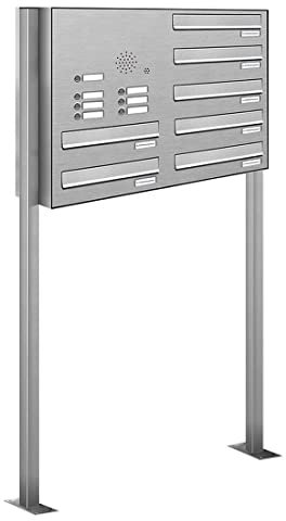 AL Briefkastensysteme 7er Edelstahl Durchwurfbriefkasten mit Klingel, Standbriefkasten modern, 7 Fach Briefkastenanlage V2A Edelstahl Postkasten
