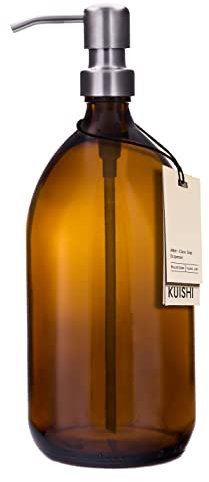 Kuishi Braunglas-Pumpflasche mit Edelstahlpumpe [1000 ml, Silberne Pumpe], Braunglas-Seifenspender, nachfüllbare Braunglasflaschen, ideal für Handwäsche, Shampoo, Spülung, Duschgel (BPA-frei)