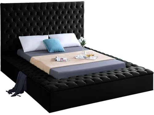 Meridian Furniture Bliss Collection Modern | Contemporary Velvet Upholstered Bed with Deep Button Tufting and Storage Compartments in Rails and Footboard, Black, Queen