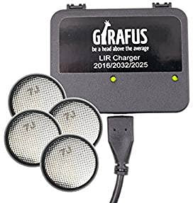 Girafus Knopfzellen Ladegerät für LIR-2032/2016 / 2025 Akkus USB Batterieladegerät Inklusive 4X LiR2032 (ersetzen CR2032 Batterien) 3.7Volt Akkus Akkuladegerät