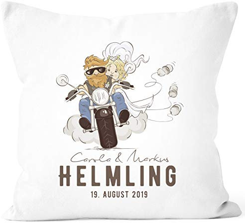SpecialMe® personalisierbares Kissen zur Hochzeit mit Namen und Datum Biker Motorrad Hochzeitsgeschenk Kissenhülle weiß Unisize